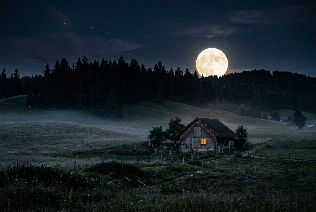 Pleine lune se levant au-dessus des sapins, atelier éclairé dans la prairie